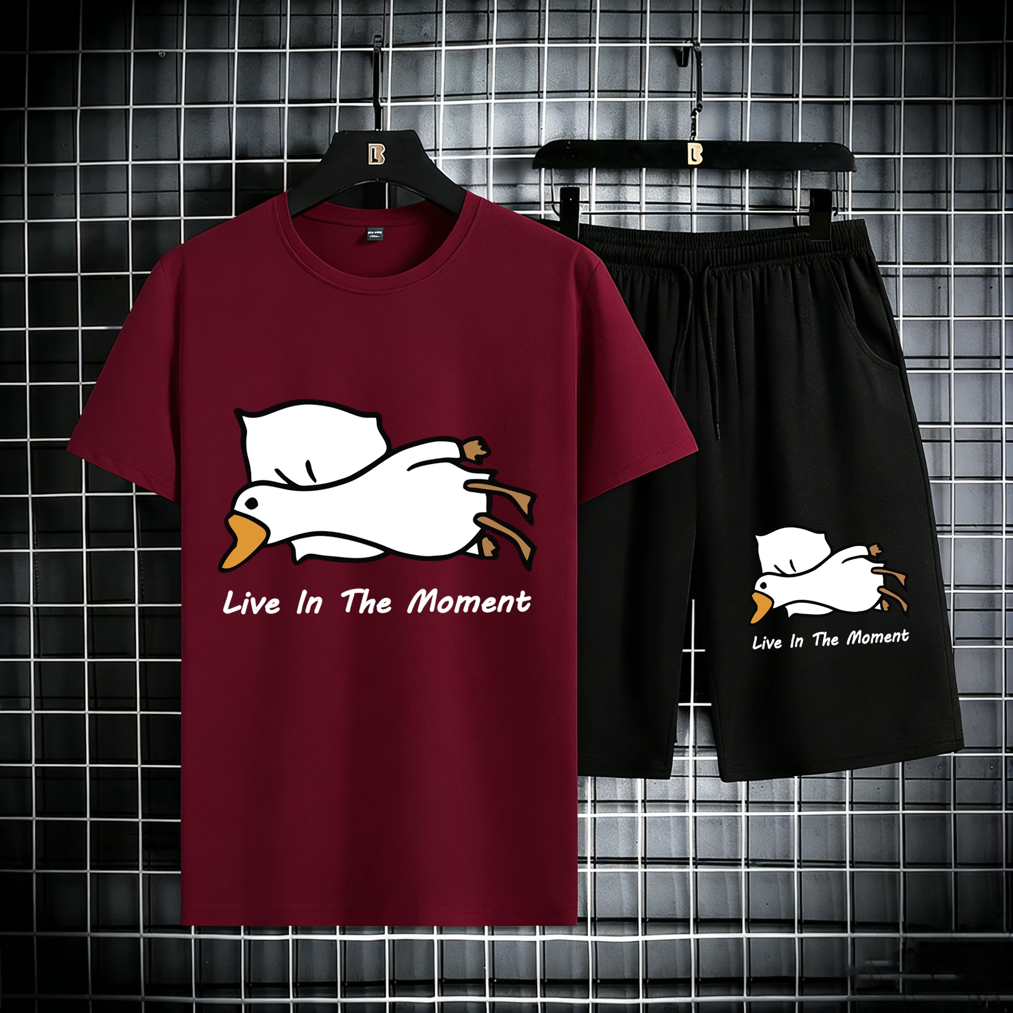 

Goose Live In The Moment Printed Cotton Summer Cool Man'S T Shirts Set Drawstring Beach Short Pants Soft Fashion Tops Gym Shorts
