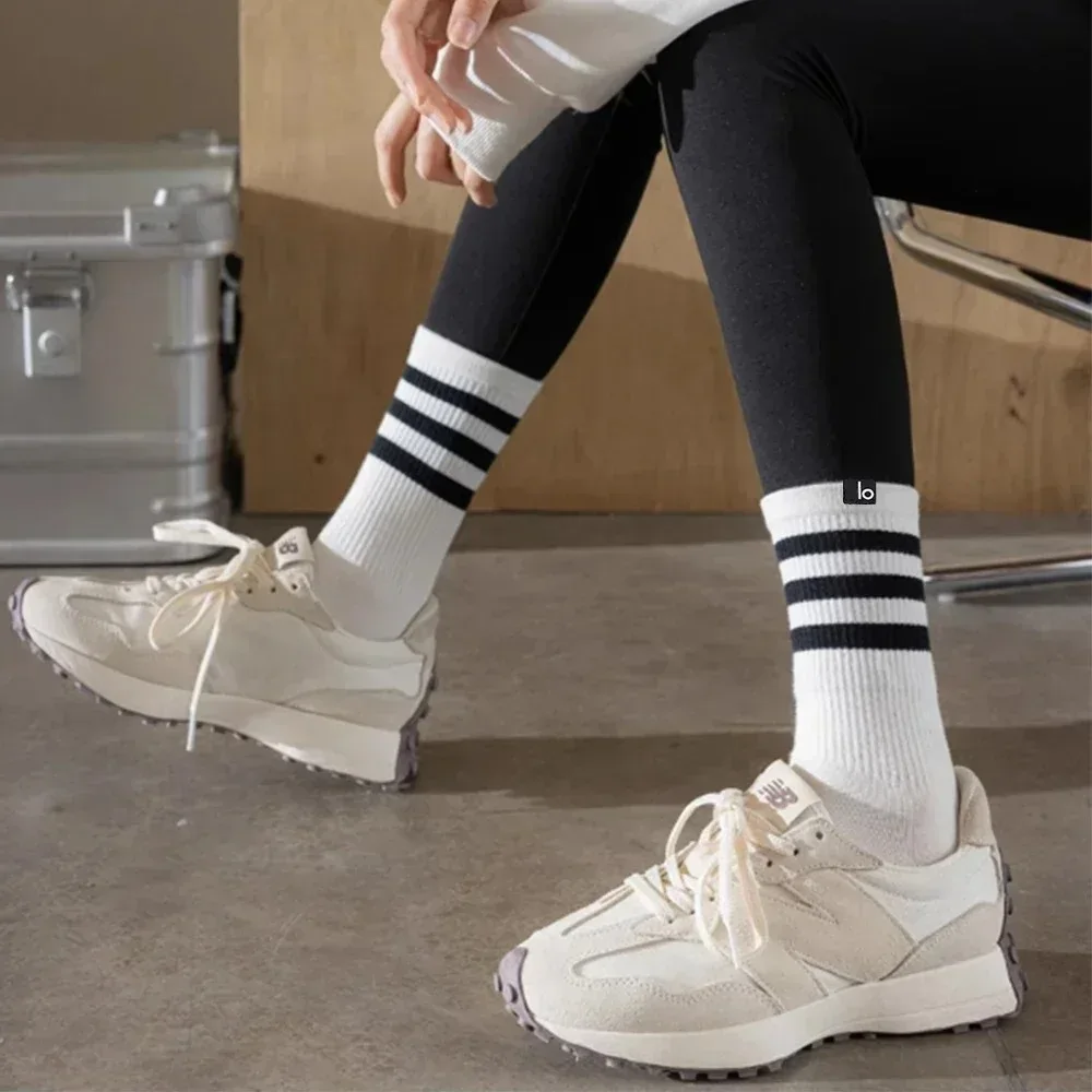 Women Mid Length Socks with Three Bars Worn on The Outside Thin High Length Sports Long Socks Paired with Yoga Pants Long Socks