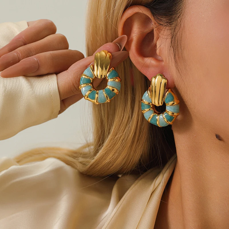 

Gold Plated Multicolor Stone Hoop Drop Earrings Vintage Geometric Dangle Earrings For Women Bohemian Daily Jewelry