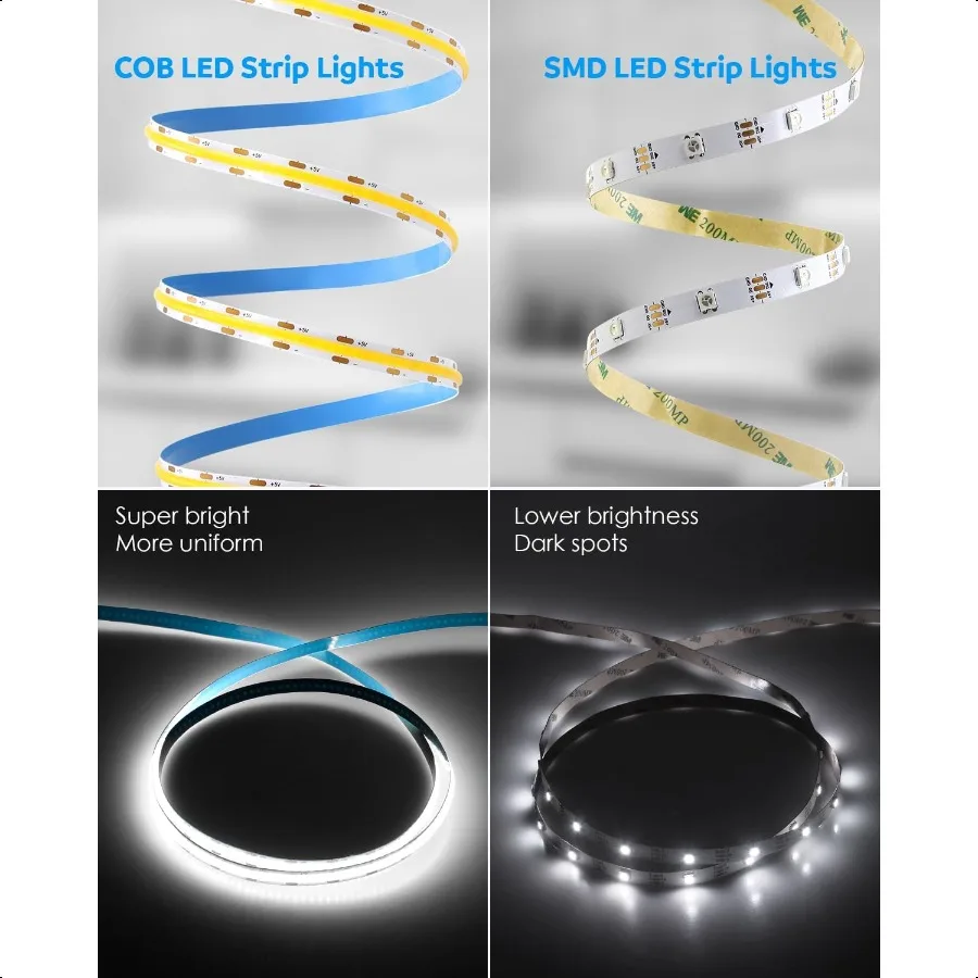 Aclorol USB Led Light Strip COB Led Strip Lights 5V Daylight Cold White 6000K 3.28FT 320Leds Flexible TV Led Lights USB Powered