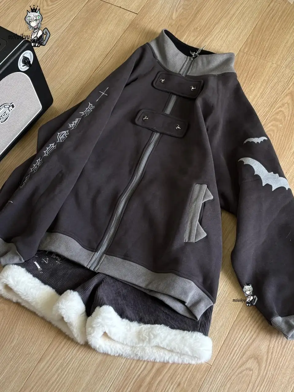 Y2K Gothic Zip Up Hoodie Women Bat Contrast Color Stand Collar Sweatshirt Dark Alt Streetwear Oversized Punk Aesthetic Jacket view 3
