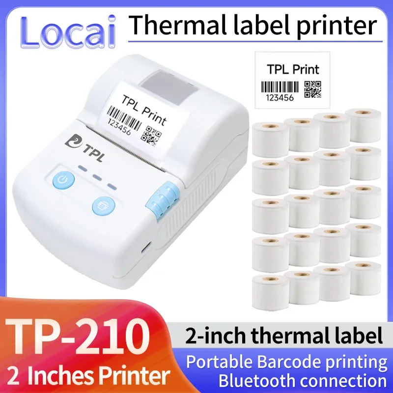 TP-210 Barcode printing 2-inch thermal label printer Portable Bluetooth connection 50mm 40mm 30mm 20mm Printer Thermal paper