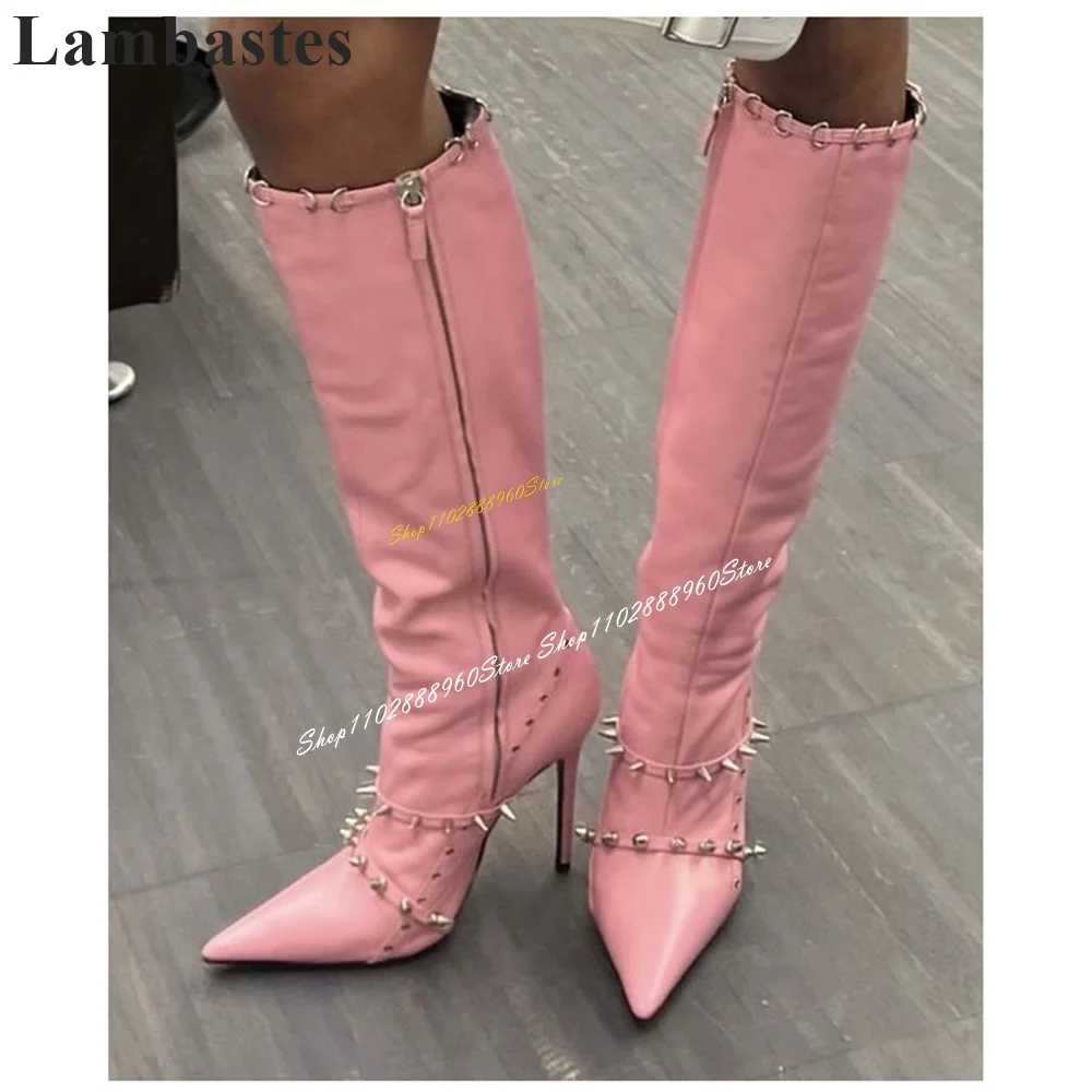 

Knee High Pink Rivet Strap Metal Ring Decor Boots Thin High Heel Women Shoes Side Zipper Pointed Toe 2024 Zapatos Para Mujere