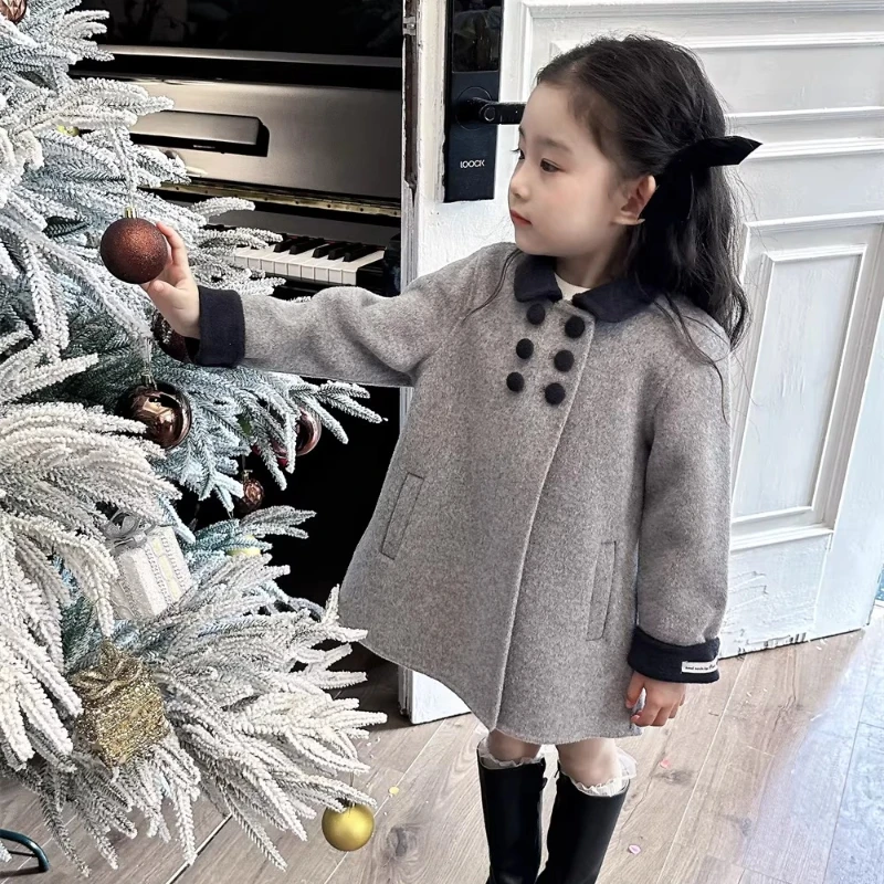 Ins Handmade Boutique Retro Wool Double-sided Cashmere Girls' Coat Temperament Color Matching Kids High Quality Jacket