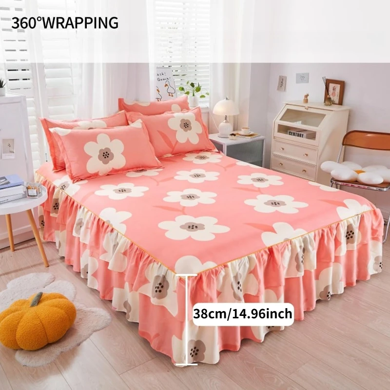 Printed Ruffled Bed Skirt 360° Elastic Wrap Around Dust Ruffle 38cm Drop Bed Frame Cover Soft Skin-Friendly Fabric Bedroom Decor
