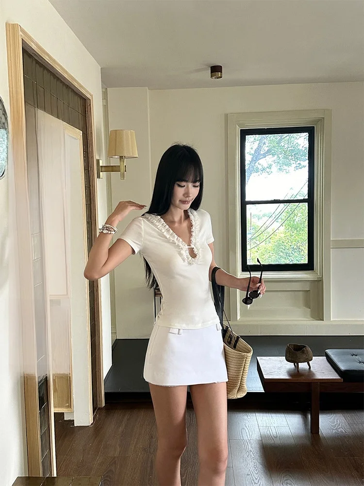 

Venui White Rceler ort Sve U-Ne T-irt Bodycon Slim Fit Casual Sle Summer Faion Women's Top Low Waist Design