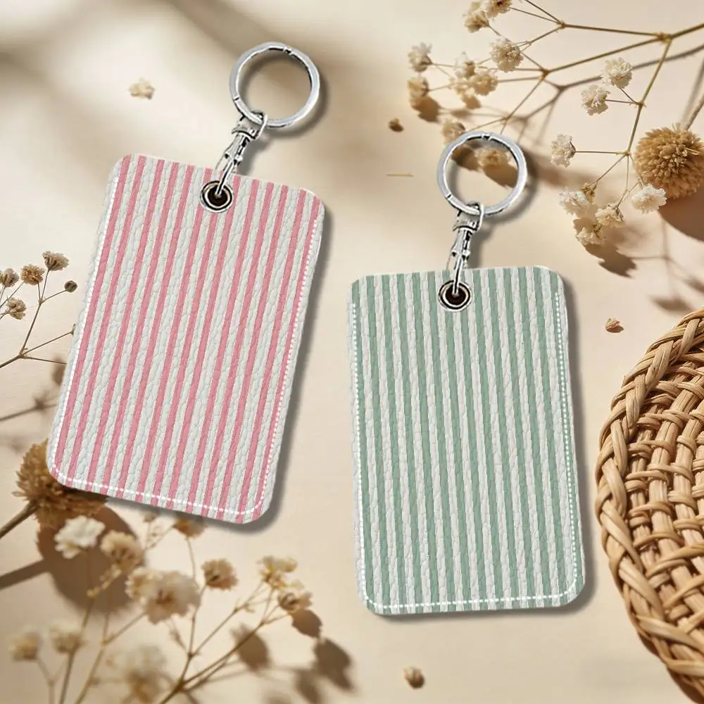 Colorful Striped Keychain Card Holder, Badge Credit Card Holder, Student ID Card Holder, Bus Cards Cover Portable PU Leather
