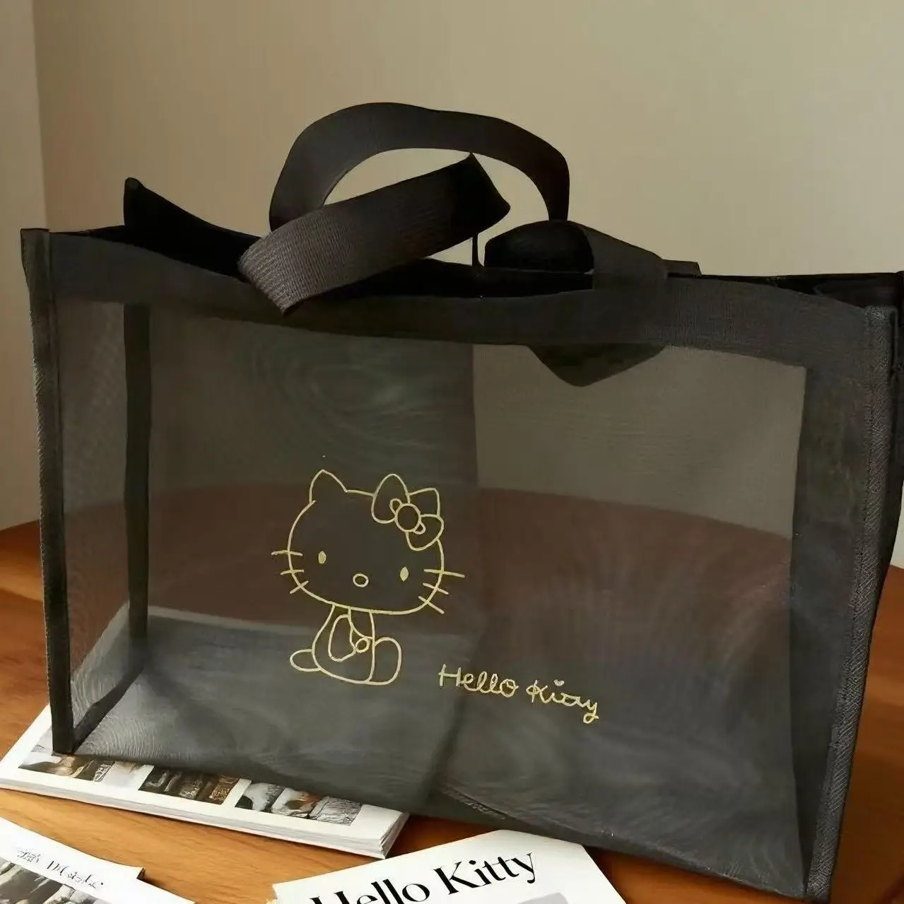 Sanrio Hello Kitty Large-Capacity Transparent Nylon Mesh Tote – Portable Shoulder/Handbag for Beach, Travel, School, and Work