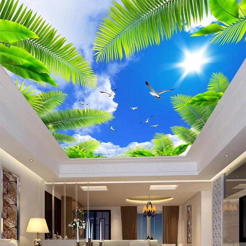 papel-de-parede-3d-personalizado-para-teto-ceu-azul-sol-palmeiras-aves-marinhas-folhas-verdes-para-sala-de-estar-quarto-e-restaurante