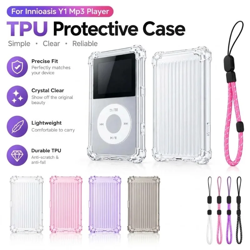 For Innioasis Y1 MP3 Player TPU Protective Case Transparent Soft Silicone Cover Anti-Drop Dustproof Shell with Lanyard