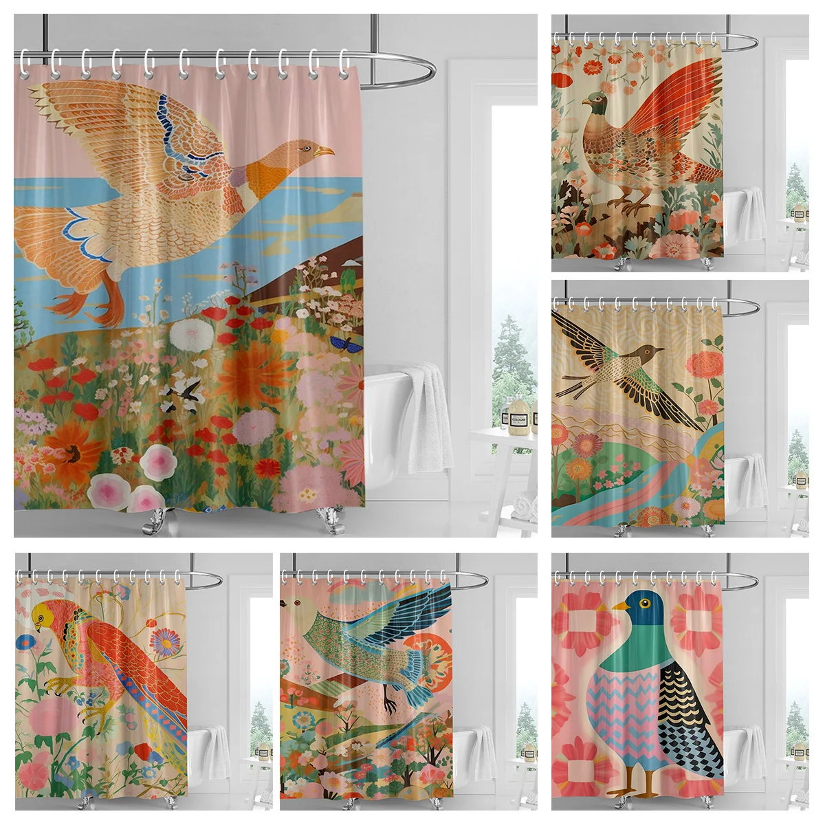 Colorful Parrot and Floral Shower Curtain with Tropical Art Design for Nature-Inspired Bathroom Decor