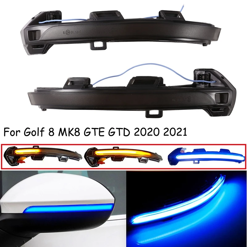 LED Dynamic Side Mirror Indicator, For Golf 8 MK8 GTE GTD 2020 2021 Rearview Turn Signal Flashing Lights, Blue&Amber