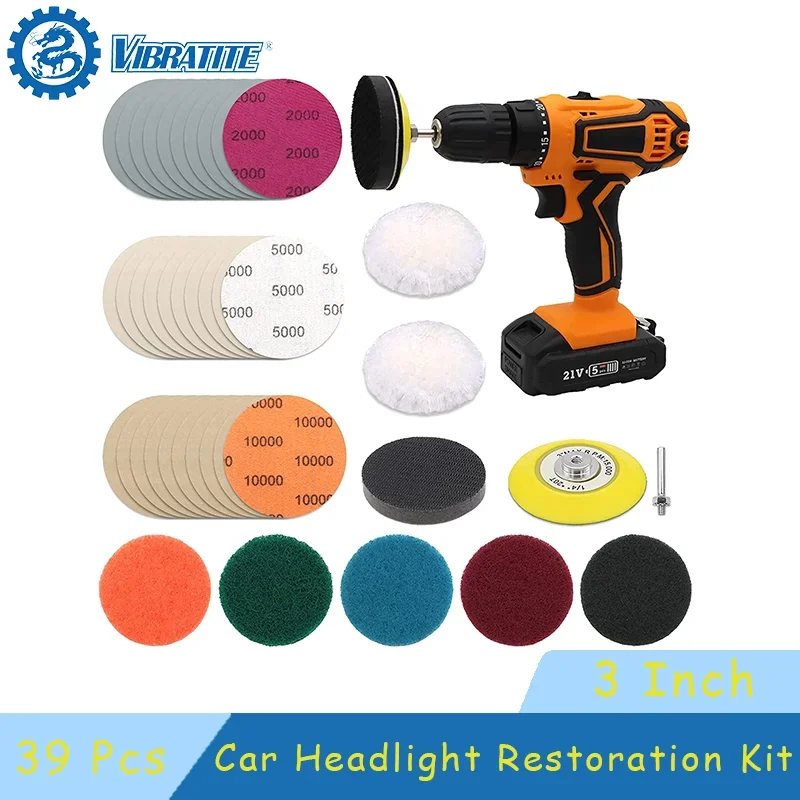 3 Inch Car Headlight Restoration Kit 39 Pcs Polishing Sanding Discs with Backing Pad Scouring Pads Wool Buffer Pads for Cleaning