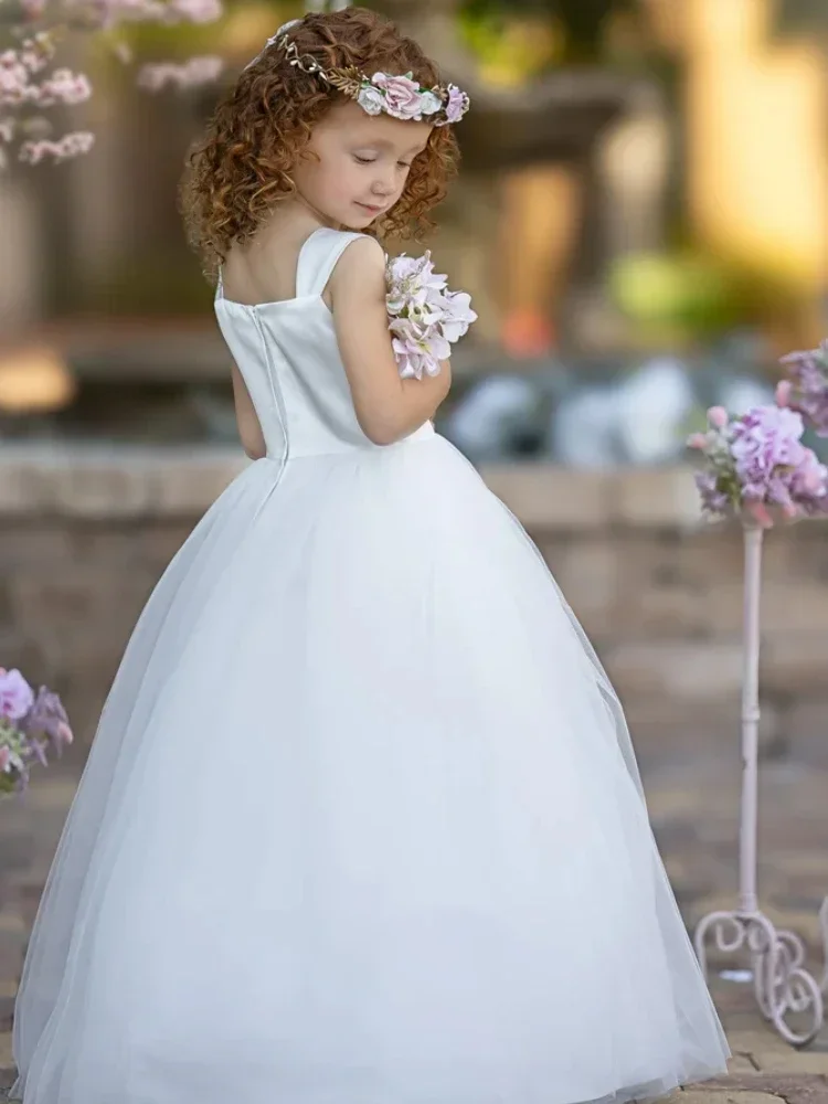 Vestidos de niña de flores de tul blanco sin mangas para boda, fiesta de cumpleaños, banquete, vestidos de princesa de comunión personalizados
