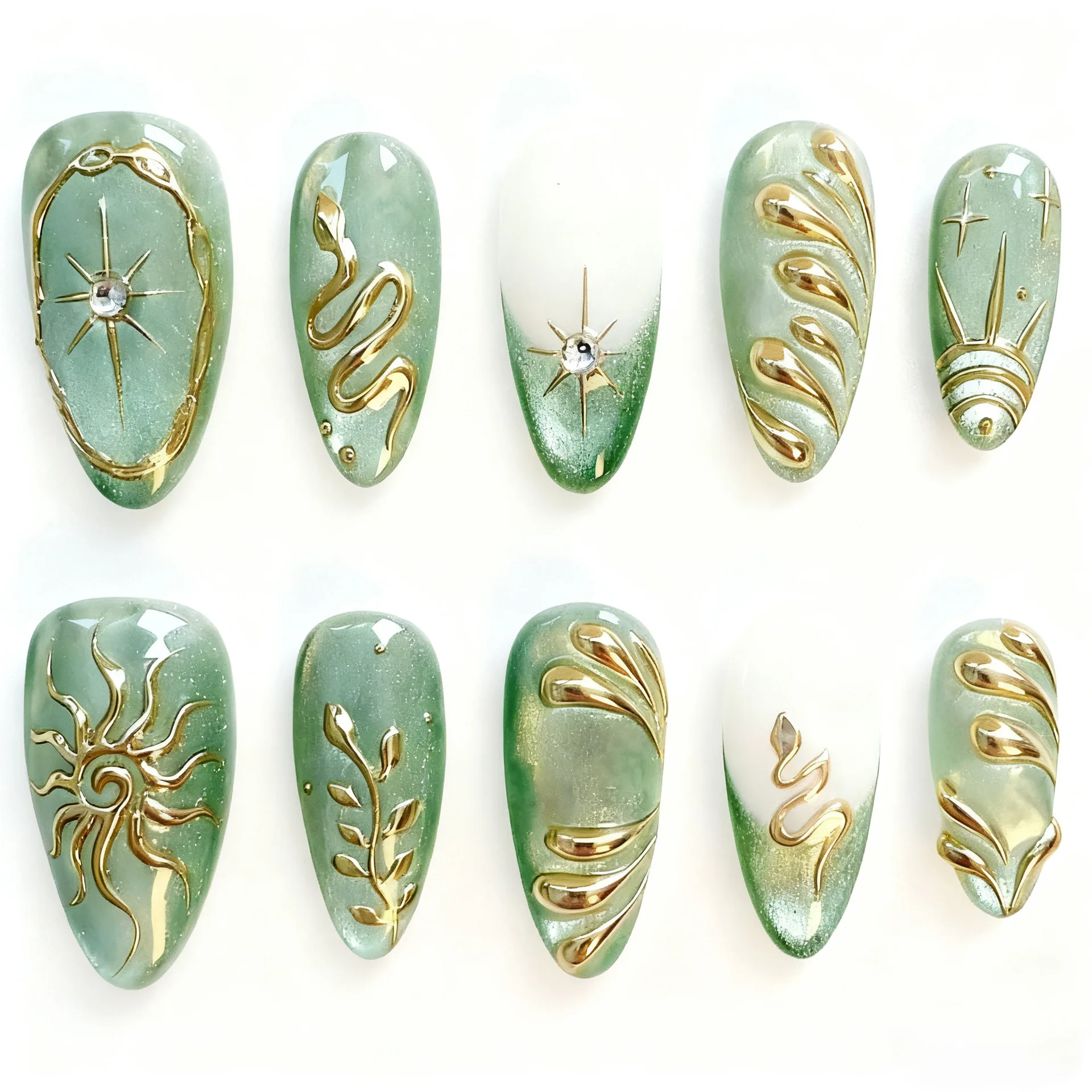 24Pcs Gilded Ornament Press on Nails False French Cat's Eye with Diamond Full Starlight Design Green Manicure Almond Fake Nail