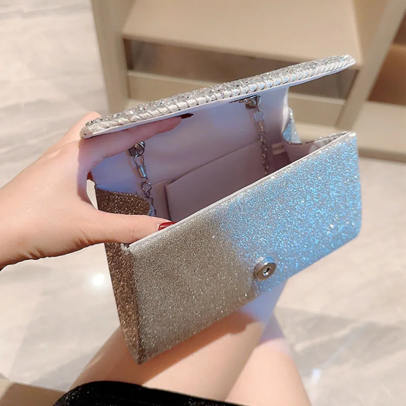 Shining Bling Silver Color Small Evening Bags Wedding Party Clutches Handbags Chain Shoulder Bags For Women Prom Clutch Purses