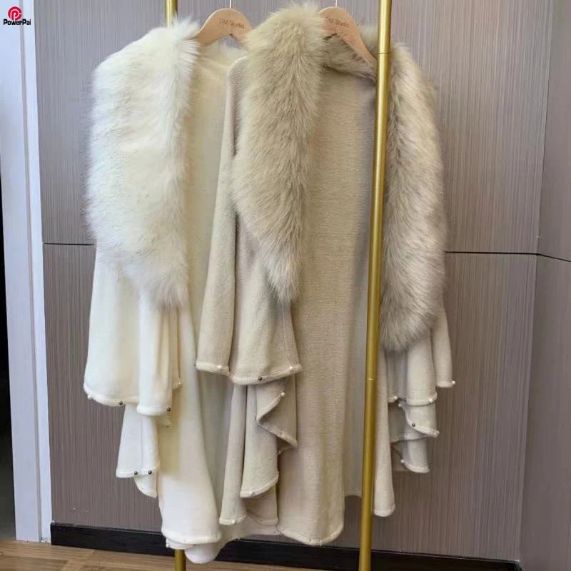 Wide Lapel Faux Fox Fur Cape Coat Beadings Double Layers Knit Cardigan Cloak Loose Slim Sweater Shawls Women Fall Winter New