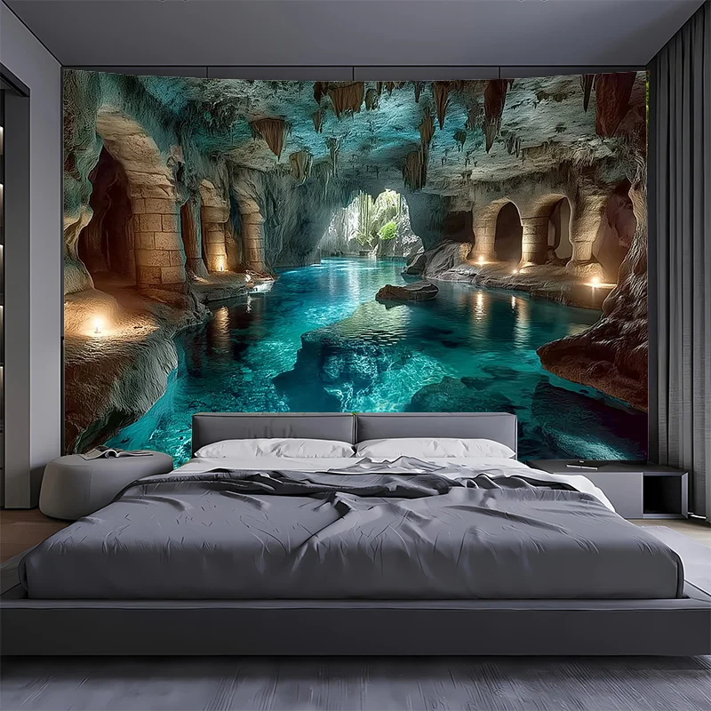 Mystical Cave River Tapestry Polyester Printed Wall Hanging Decor for Home Bedroom Living Room Fantasy Artwork