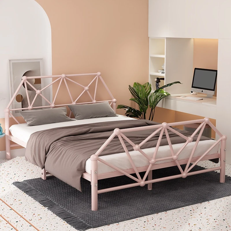 apartment simple iron bed reinforcement pink adult double bed frame 1.8 meters stable letto contenitore matrimoniale furniture