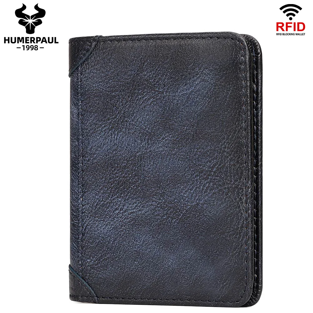 HUMERPAUL Genuine Leather Wallet for Men Slim Trifold RFID Blocking Credit Cards Holder Classic Mini Male Clutch Money Bags