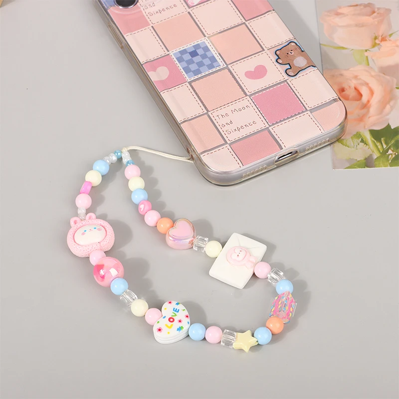 

Cute Pink Rabbit Heart Star Bead Beaded Phone Chain Lanyard For Camera CCD Hanging Rope Keyring Pendant Decoration