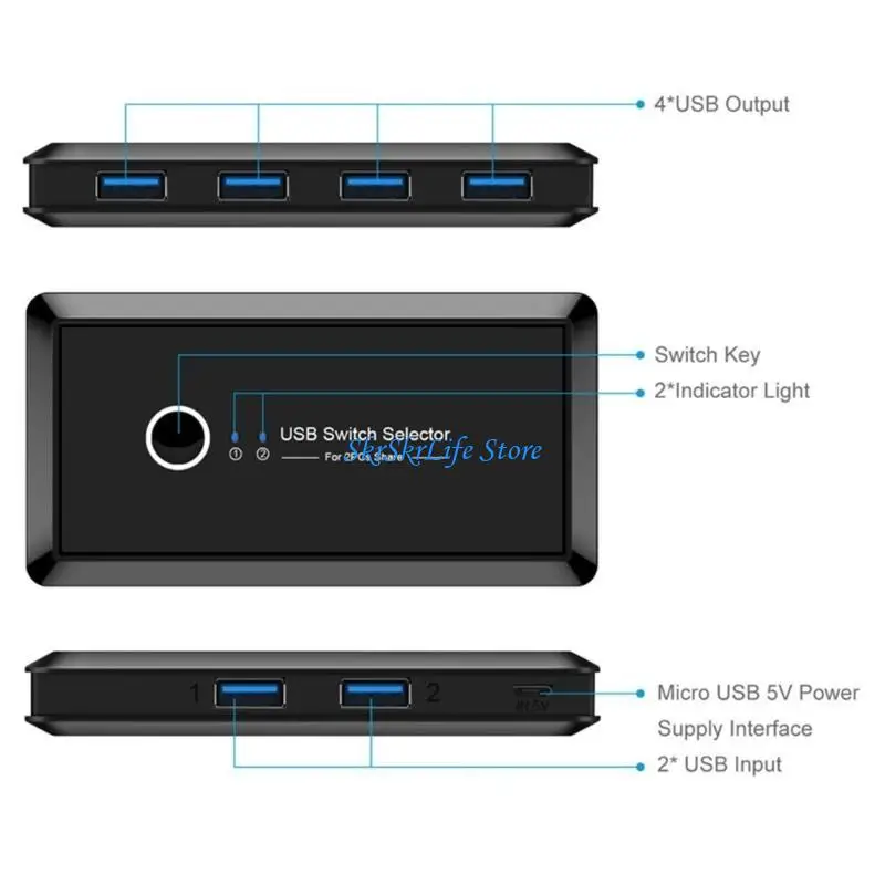 E65E USB Switcher Selector 2 Komputer Berbagi 4 Perangkat USB Switcher Hub Adaptor untuk Keyboard Mouse Printer Scanner