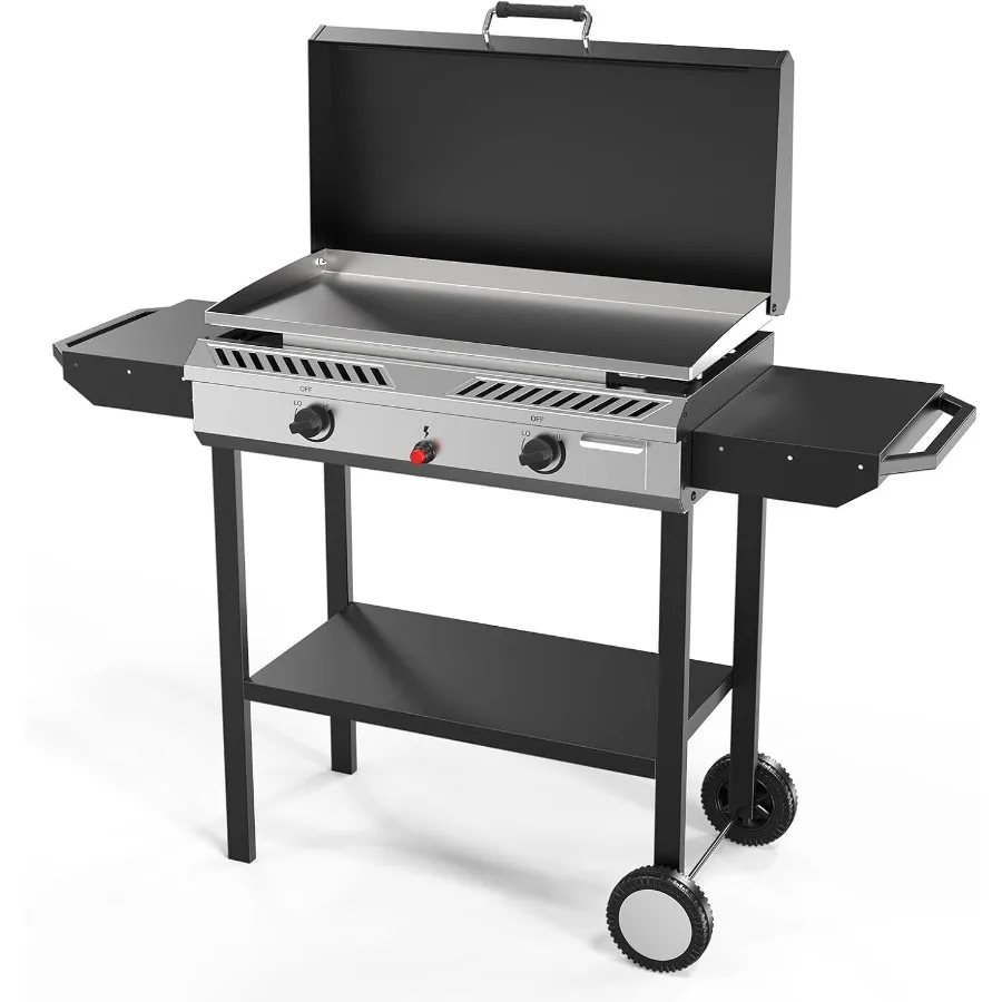 

2-in-1 Propane Stove and Griddle Iginition Outdoor Gas Cooker with Storage Shelf and Portable Wheels 2 Burner Camping Stove wit