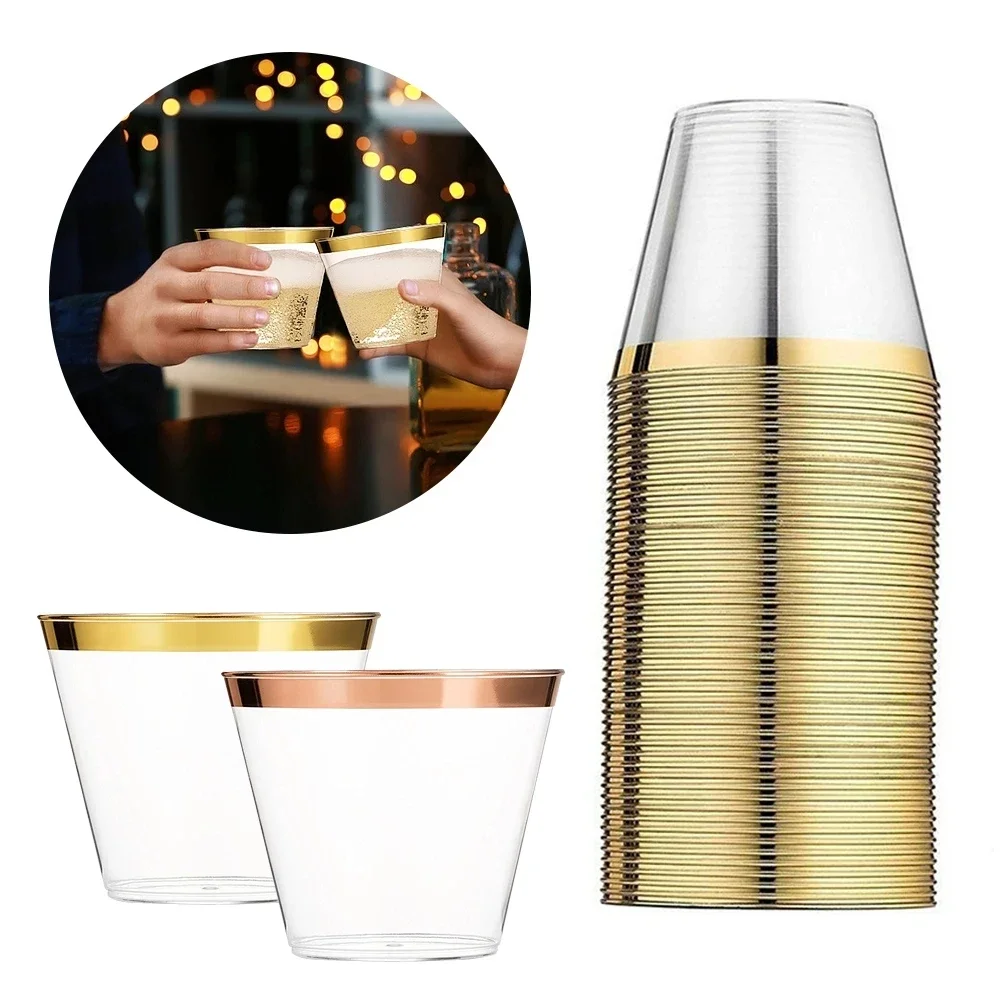 50pcs Rose Gold Border Wine Cup 9oz Plastic Glass Cup Clear Disposable Edging Decor For Wedding Party Dinking Cocktail Supplies