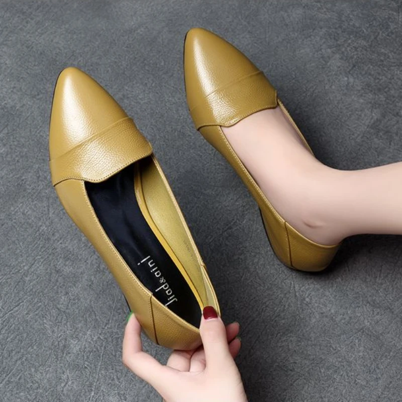 Buty dla kobiet 2024 Normal Leather Casual Ladies Summer Footwear Yellow Block Heel Chunky Heels Pointed Toe Low Elegant Chic A