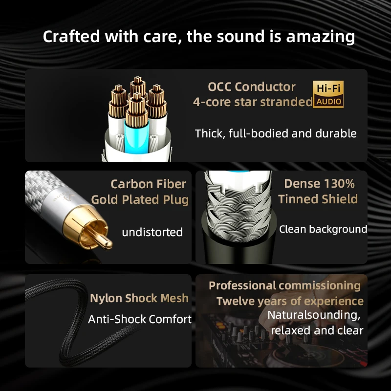 One Pair OCC HiFi Dual 6.5mm to 2RCA Audio Cable for Amplifier CD Gold-plated Plug Dual 6.5 TS Jack to 2RCA Male Signal Cable