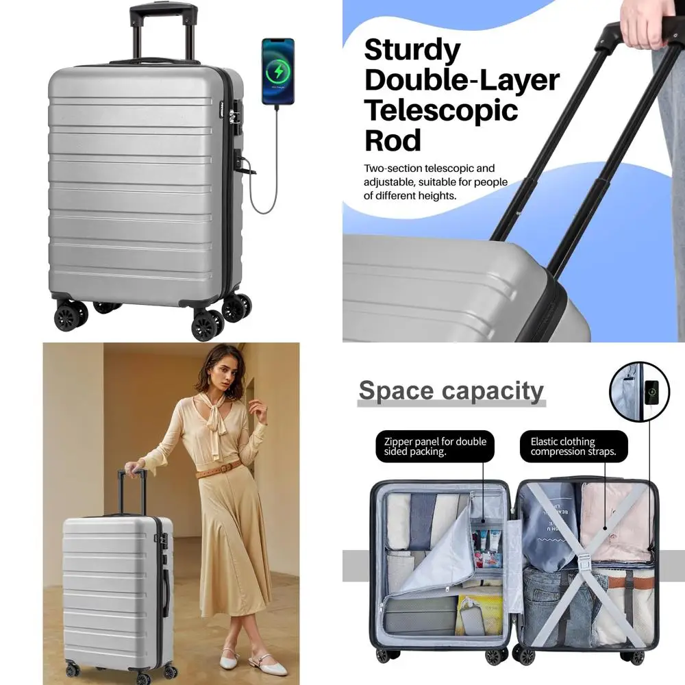 

Lightweight ABS Hardside Luggage with USB Port, TSA Lock, Wheels for Large Capacity Travel 28 Inch Silver