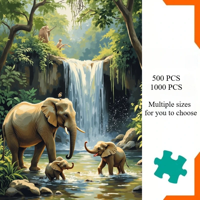 500/1000/1200/2000PCS Puzzles for Jungle Elephant Waterfall Scenery Jigsaw Puzzles Brain Challenge Game Gift Home Decor
