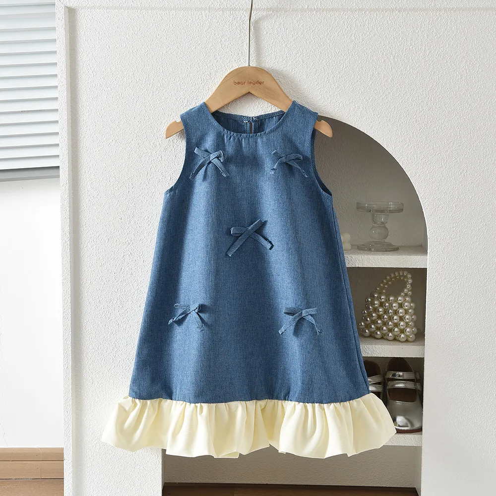 2026 Summer New Children's Clothing 3-7 Years Old Korean Version Sleeveless Bow Decoration Hem Splicing Girls' Casual Dresses