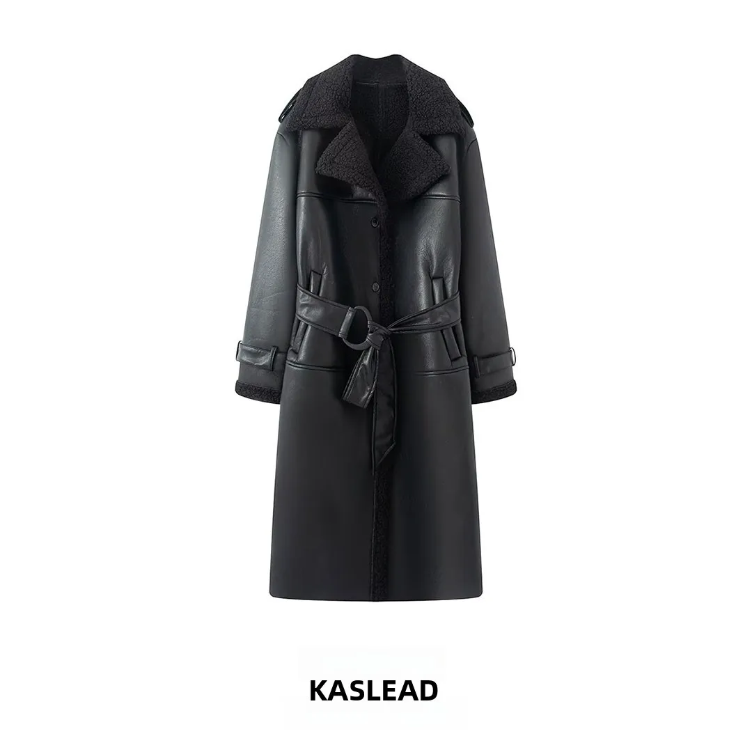 

KASLEAD New Women's Faion Simple Lapel Long Coat Warm Fur Leather Inteated Outerwear Polyester Fiber 00% Autumn Season