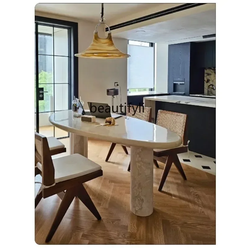 178C  Natural travertine dining table pebble dining table stone dining table retro marble simpleG