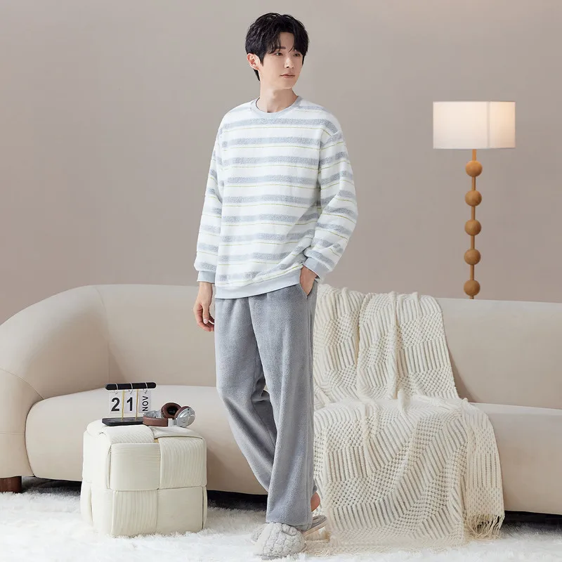 Men Polyester Thick Fleece Crew Neck Pajama Set Long Sleeve Fall Winter Base Layer - Ivory