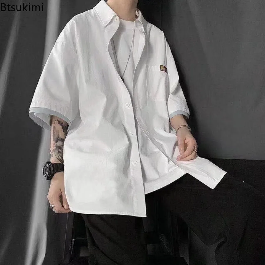 2026 Men's Patchwork Fake Two-piece Casual Shirts Fashion Harajuku Korean Style Half Sleeve Loose Shirt Coats Male Handsome Tops