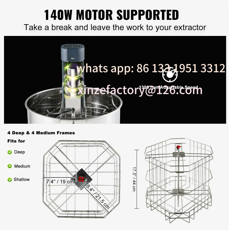 Customizable Electric Honey Extractor 4/8 Frames Honey Spinner Stainless Steel Beekeeping Extraction Height Adjustable
