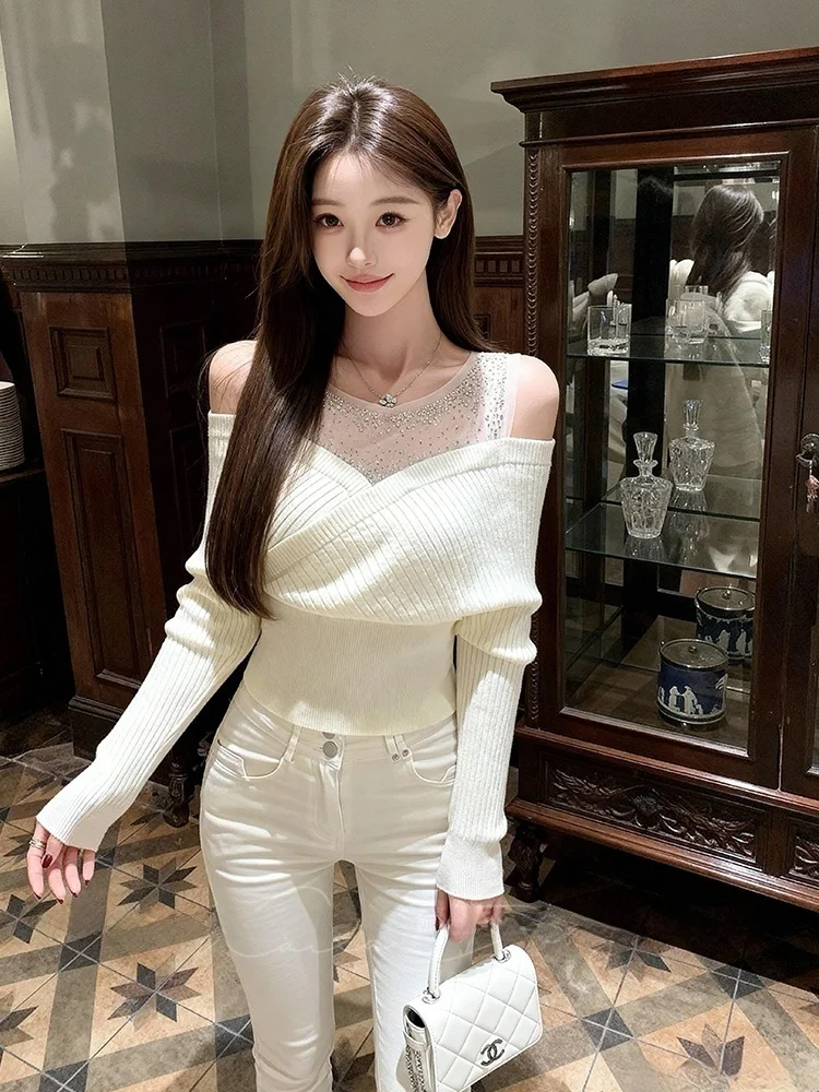

Ele Korean Sle Long Sve Knitted Lace Base irt Women's Faion Drill Glitter Top White Color Autumn Winter New Arrival