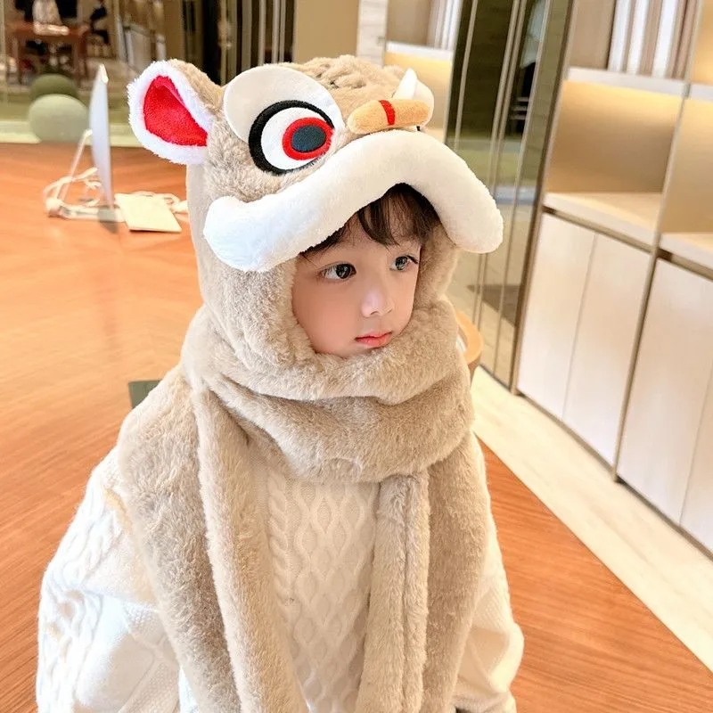 Children's New Year 3-in-1 Warm Hat Girls'/Boys'  Windproof Lion-shaped Hat Kids' Hat/Scarf/Gloves 3-in-1 Red Hat For Gift LJ110