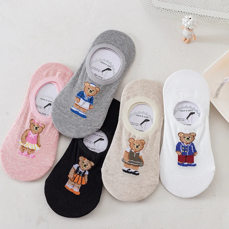 5 Pairs Fashion Bear Socks Women Korean Cartoon Ultra-short Socks Spring New Trendy Socks Ins Shallow Mouth Invisible Crew Funny