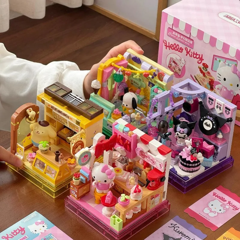 

Sanrio Anime Building Block Box Hellokitty Kuromi Bakery Dessert House Ocean Restaurant Shop Model Bricks Desktop Display Gift