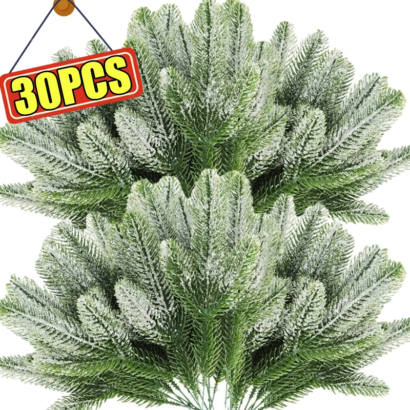 5/30Pcs Christmas Artificial Pine Needles Branches Snow Pine Fake Plants DIY Xmas Tree Wreath Ornaments Home Xmas New Year Gifts