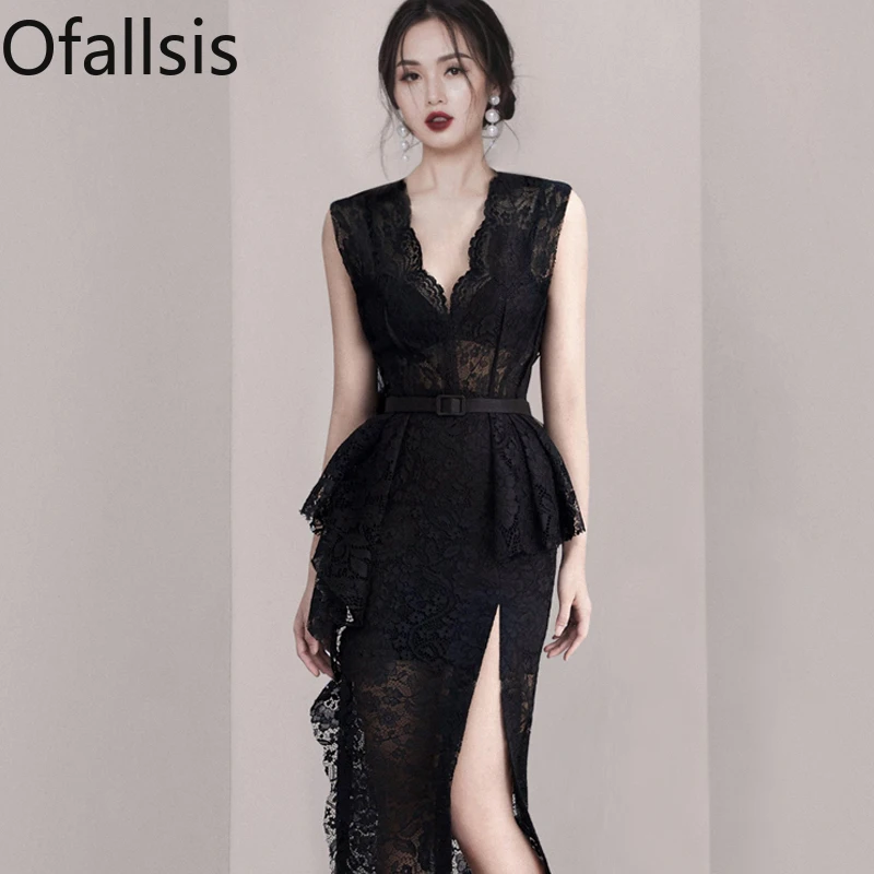 Ofallsis Black V neck Women's Light Luxury High End Elegance Dinner Annual Meeting Dress 2024 Summer New Sexy Lace Split Dresses