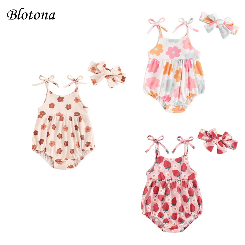 Blotona Baby Girl Summer Romper Cute Floral/Strawberry Print Sleeveless Tie Strap Bodysuit Newborn Playsuit 0-18Months