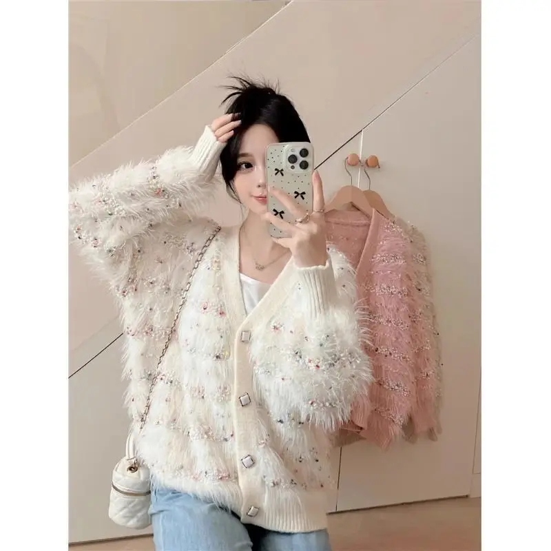 Gaganight Women V neck Small Fragrant Knitted Cardigan 2024 Autumn Winter New Korean Chic Large Sweet Hairy Coat Female Coat image 4