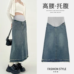 Tassel Denim Maternity Long Skirts Spring Summer Casual Pencil Skirts Clothes for Pregnant Women Pregnancy Straight Daily Wear