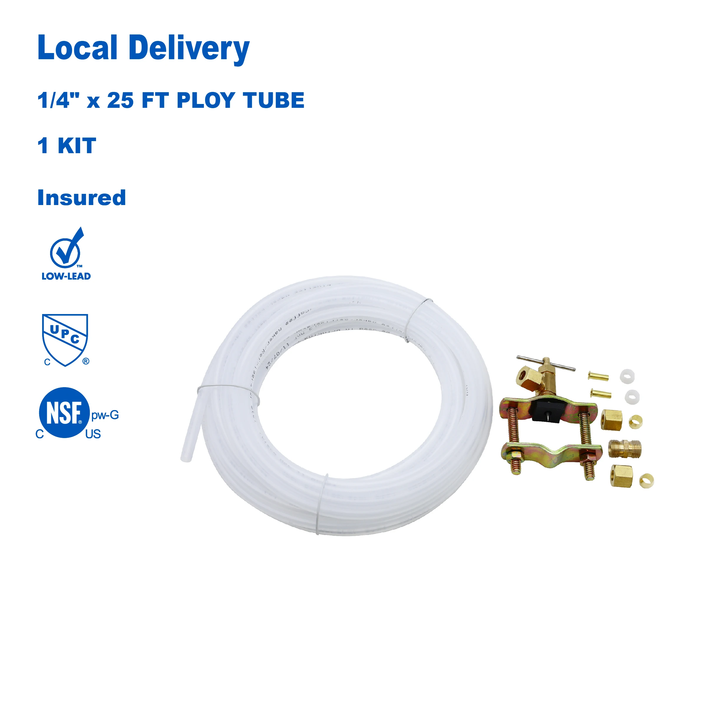 KING SMART Ice Maker Water Line Kit 1/4” x 25 ft PE Tubing, Self-Piercing Saddle Valve, Compression Fittings and Adapters; 81311