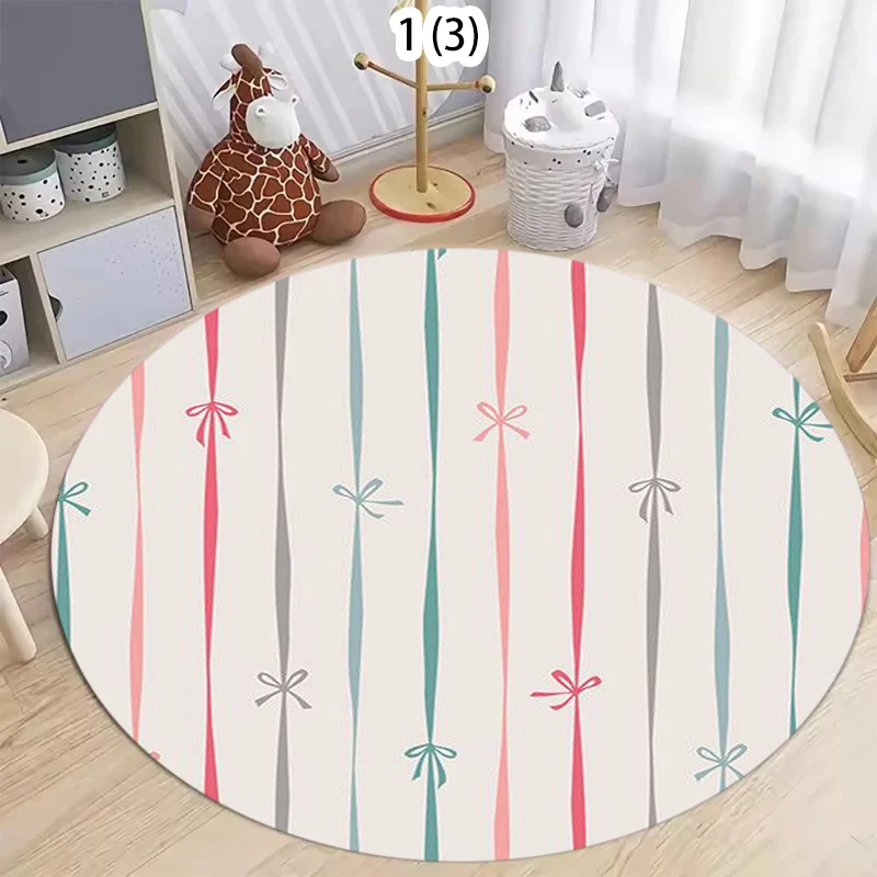 Coquette Bow Area Rug, Soft Colorful Stripe Ribbon Print Round Carpet, Non-Slip Entryway Floor Mat, Girly Aesthetic Home Decor