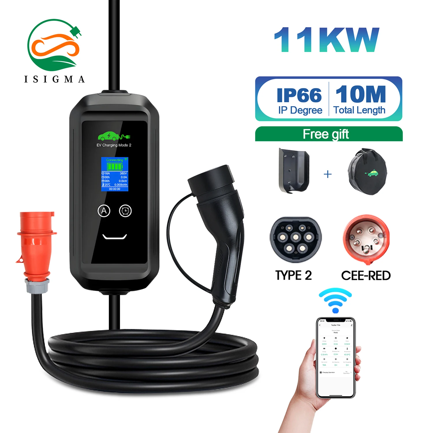 ISIGMA Tragbares EV-Ladegerät 11KW Typ 2 IEC 62169-2 EU-Standard Wallbox-Ladestation 16A 3P 380-450V Zeitverzögerung 1-15 Stunden Tuya App WLAN-Steuerung 10M Gesamtlänge inkl. Stromkabel für den
